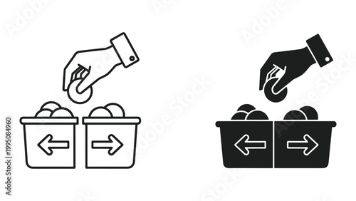 Black and white illustration of hands putting coins into two separate buckets with arrows pointing left and right