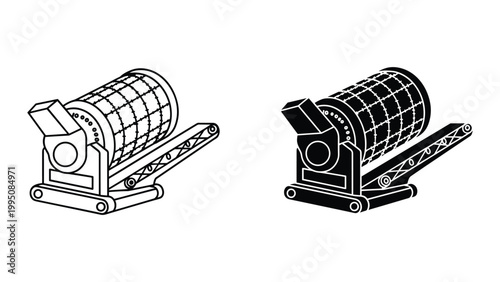 Black and white illustration of two industrial machines with cylindrical grid