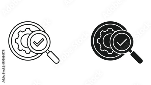 Black and white line icons of magnifying glass with gear and checkmark