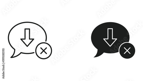Black and white icons of chat bubbles with download and cancel symbols