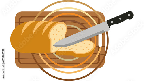 A loaf of bread is being sliced on a cutting board with concentric rings