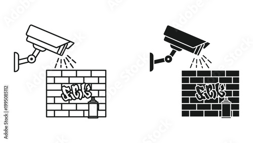 Vector illustration of security cameras spraying graffiti on brick walls in black and white