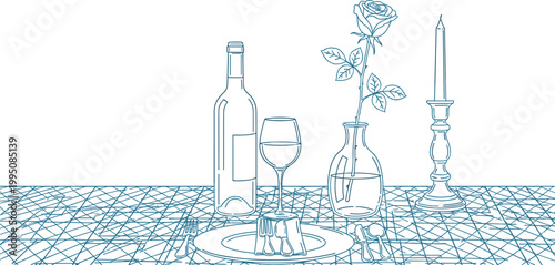 Romantic dinner table setting line art illustration with wine bottle glass rose in vase and candle vector