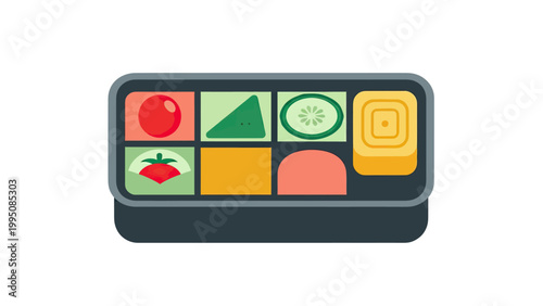 Colorful partitioned lunchbox filled with stylized food items