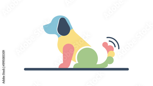 Abstract, multicolored geometric dog illustration with wagging tail