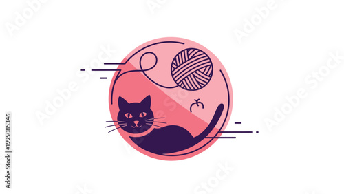 A minimalist illustration of a black cat playing with a ball of yarn within a pink circle