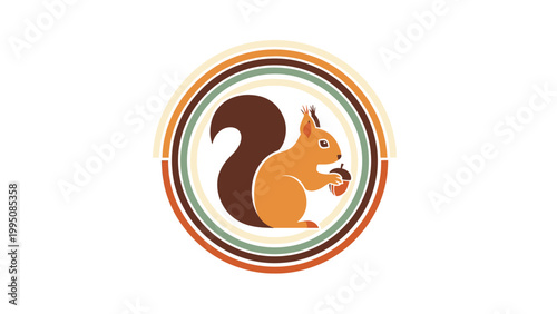 Stylized orange squirrel holding acorn, framed by concentric retro circles