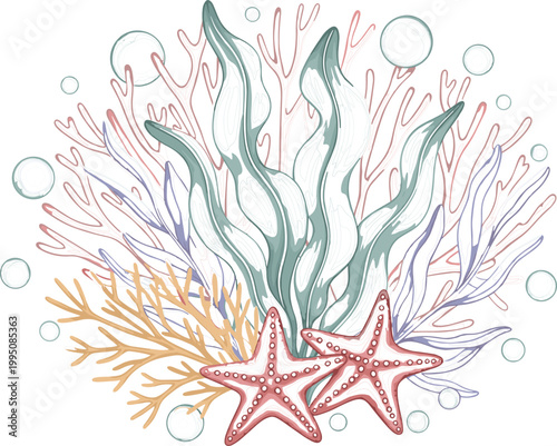 Round Undersea Composition Featuring Pastel Starfish Vibrant Coral Reef Branches And Green Seaweed With Floating Water Bubbles Illustration