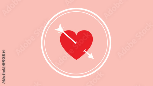 Red heart pierced by a white arrow within a white circle, on a pink background
