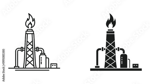 Vector illustration of oil refinery and industrial plant with smokestack and pipes in black color
