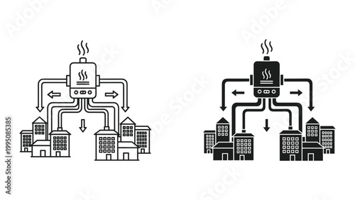 Black and white illustration of city heating system with buildings and boilers
