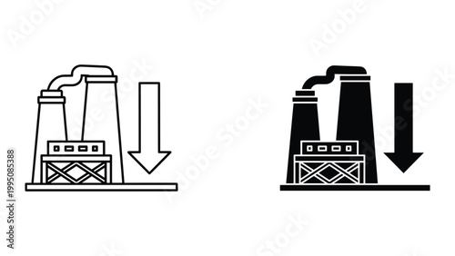 Factory building with smokestacks and arrows pointing down to compare emissions