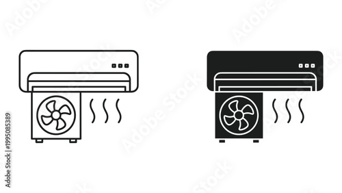 Air conditioner unit icons in black and white line style for heating and cooling