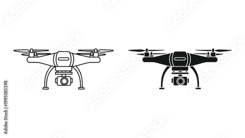 Vector illustration of two drones with cameras in black and white on white background