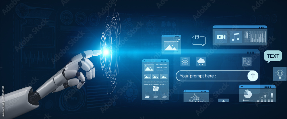 Fototapeta premium Prompt driven AI interface enabling text, image vision, audio and media video data neural asset and tool in smart creation chat workspace edit. Future NLP AI native visual reasoning omni model. Corpus