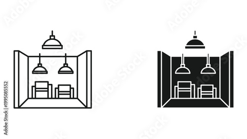 Vector illustration of a room with furniture and lamps in black and white