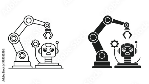Black and white line icons of robotic arms with robot heads and gears on a white background