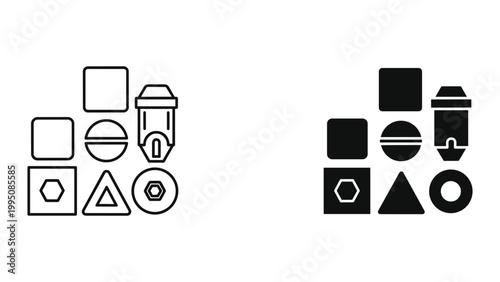 Black and white line icons of various shapes and symbols for design