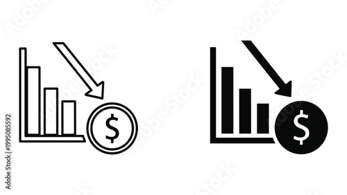 Black and white icons depicting declining financial graph with dollar coin