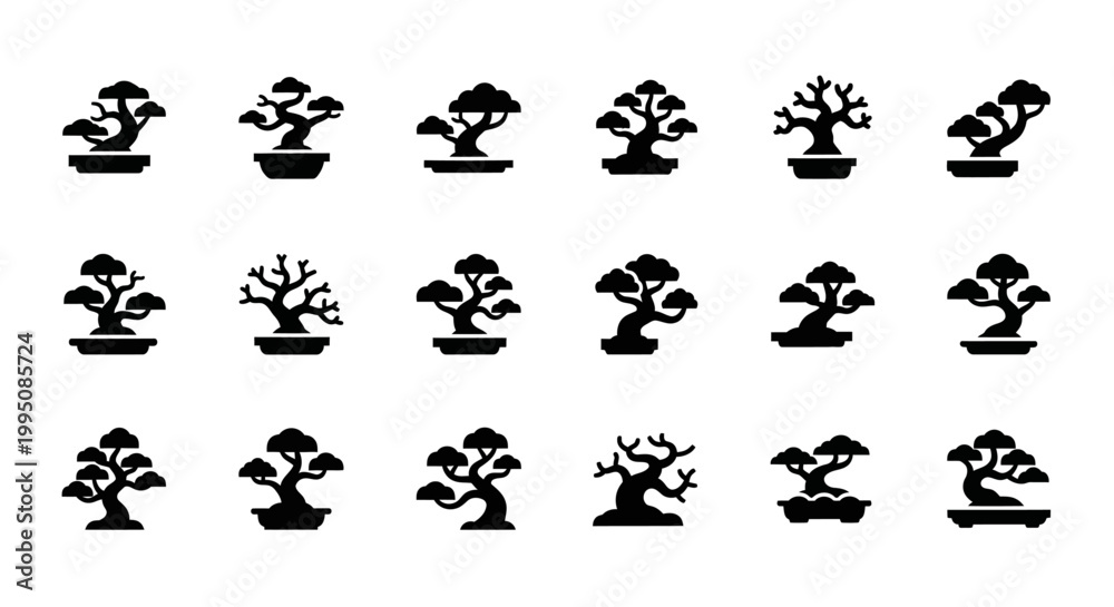 Obraz premium Black Bonsai Tree Icons, Vector Silhouette Set, 20 Minimalist Designs, Tree Symbols, Landscape Elements