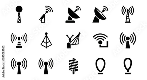 Black wireless communication icons, signal symbols, 16 radio antenna logos, WiFi network graphics, telecommunications vector set