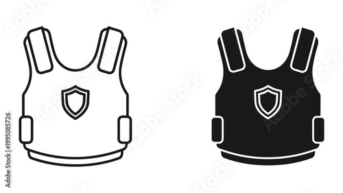 Vector illustration of bulletproof vest with shield emblem in black and white