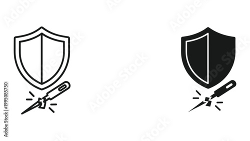 Shield icons with knife and sparks on white background for protection concepts