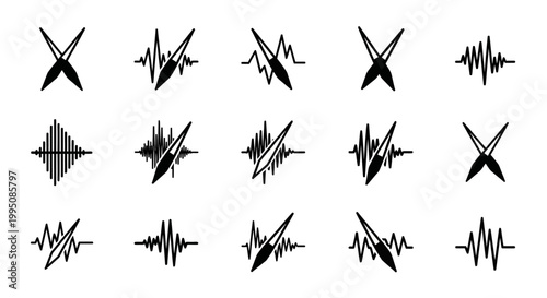Sound wave, audio signal, music icons, 20 black vector graphics, sound effects, waveform symbols, audio elements