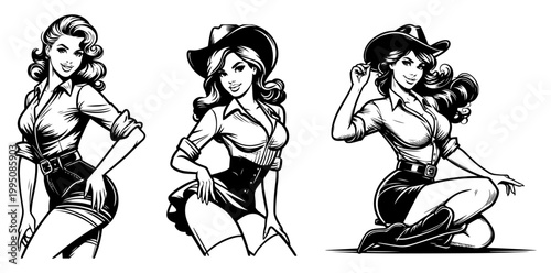 Retro Pin-up Cowgirl Women Set, Vintage Western Style Female Characters Collection, Glamorous 1950s Style Line Art for Coloring