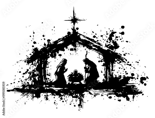 Stylized Christmas Nativity Scene Silhouette, Holy Family Joseph Mary and Baby Jesus in Manger, Grunge Ink Splatter Religious Illustration