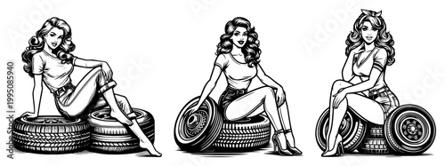 Vintage Pin-up Women with Car Tires Set, Retro Garage Style Female Characters Collection, Automotive Mechanic Pinup Line Art for Coloring