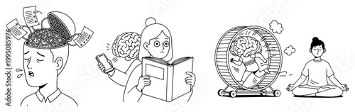 Mental Health and Overthinking Concept Illustration Set, Stress Management and Meditation Characters, Brain in Hamster Wheel and Information Overload Line Art