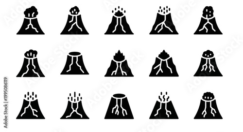 Black silhouette volcano icons, volcanic eruption symbols, mountain graphics, 15 vector graphics
