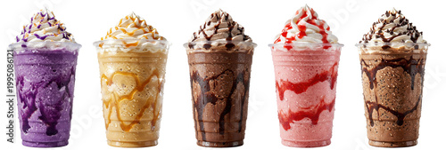 frozen blended frappes including ube caramel chocolate and strawberry flavors with whipped cream and toppings in plastic cups on transparent background