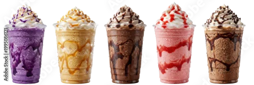 Panel kuchenny z motywem frozen blended frappes including ube caramel chocolate and strawberry flavors with whipped cream and toppings in plastic cups on transparent background
