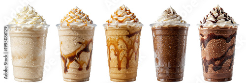 frozen coffee and caramel frappes with whipped cream and drizzled toppings in plastic takeaway cups on transparent background