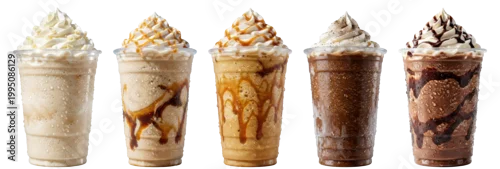 Obraz  z motywem frozen coffee and caramel frappes with whipped cream and drizzled toppings in plastic takeaway cups on transparent background