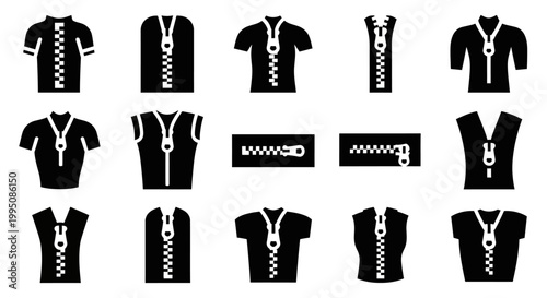 Zipper, clothing, fashion, icons, set, 13 black and white graphics, zip fastener, apparel, design elements