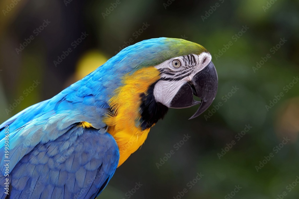Obraz premium Colorful Macaw Perched on a Branch in a Lush Environment During Daytime