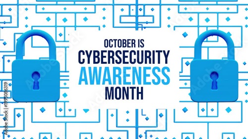 October is Cybersecurity Awareness Month Text Reveal Animation with Dual 3D Blue Padlocks and Digital Circuit Pattern on White Background — 4K 3D Video Animation