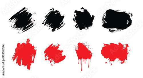 Paintbrushes leave bold black and vibrant red ink marks across a clean white background to represent creative design elements for artistic projects requiring visuals.