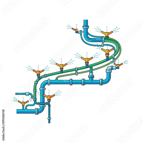 Modern Irrigation System with Sprinklers and Water Pipes