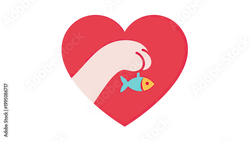 Red heart with a stylized cat paw holding a blue fish