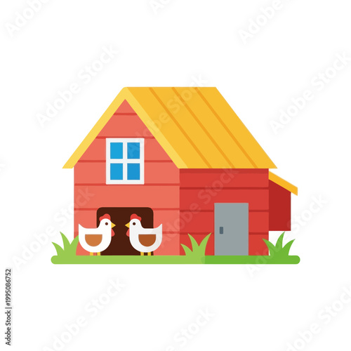 Cute cartoon chicken coop with two chickens peeking out, farm animal illustration
