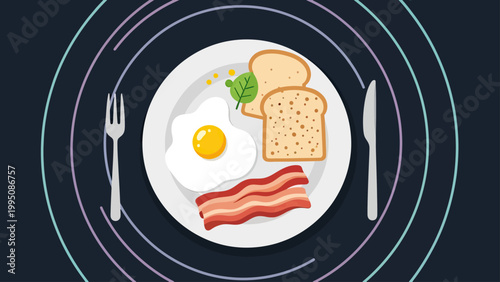 A simple, stylized plate of breakfast with fried egg, bacon, and toast