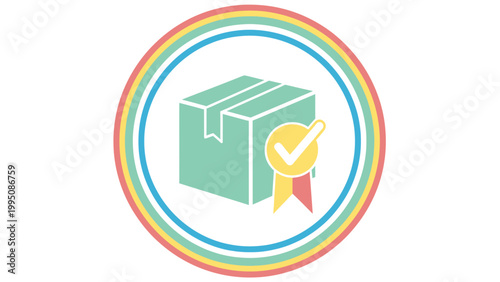 Turquoise package with checkmark badge in front of rainbow rings