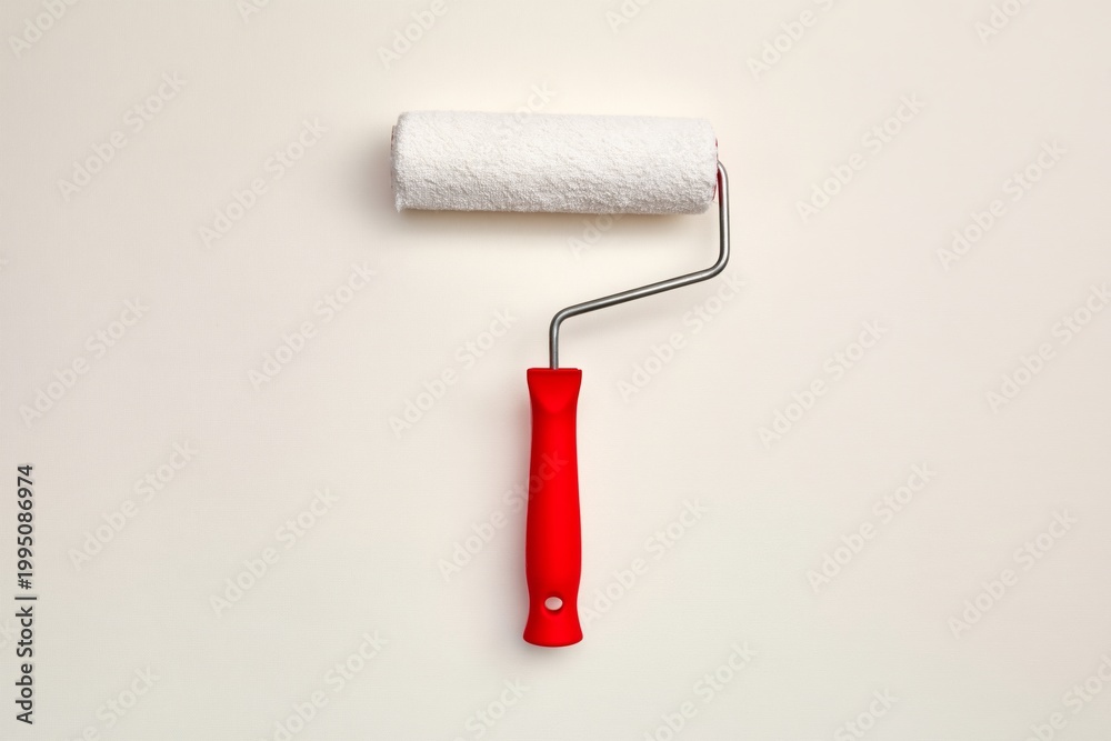 Obraz premium White Paint Roller on a Clean Surface With Red Handle Ready for Use in a Home Improvement Project