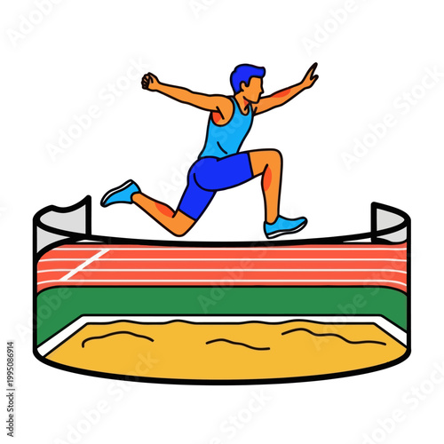 Athlete mid-jump over sand pit during track and field long jump competition