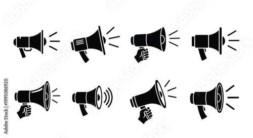 Megaphone icons held by human hands represent clear communication and public announcements in various business or social protest marketing campaigns across the globe today.