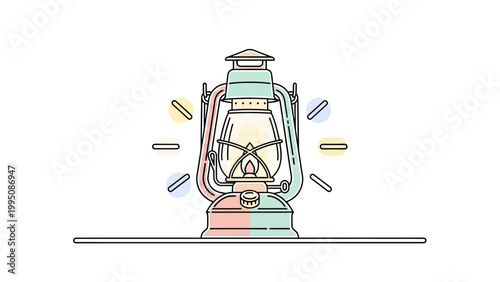 Stylized, colorful lantern sits on a shelf with scattered abstract shapes